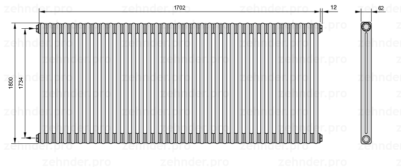 Схема (чертеж) Радиатор Zehnder Charleston 2180/37 №1270 Белый глянцевый RAL 9016